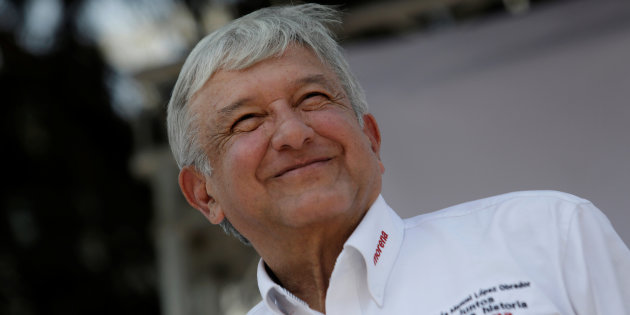 Leftist front-runner Andres Manuel Lopez Obrador of MORENA gestures during a campaign rally in the municipality of Santa Catarina