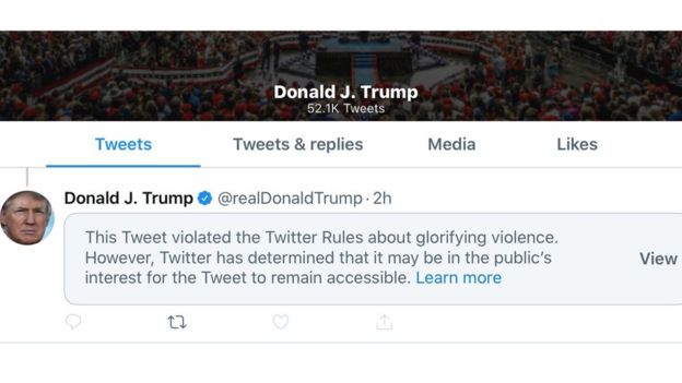 Twitter oculta tuit de Trump por “glorificar la violencia