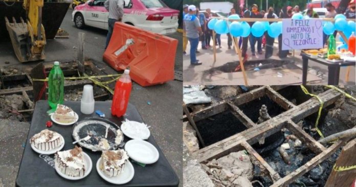 Festejan aniversario a bache Festejan aniversario a bache