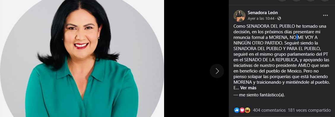 Senadora renuncia a Morena