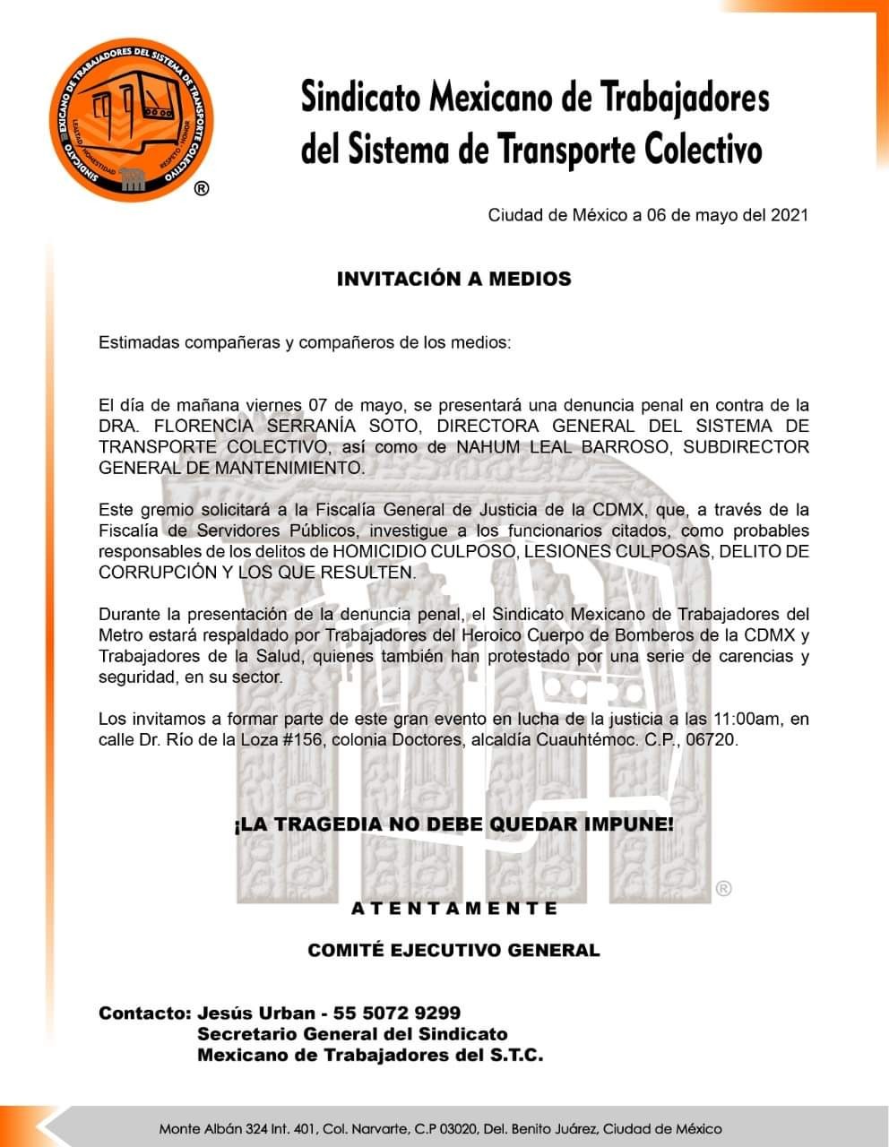Sindicato de Trabajadores del Metro denuncia a Serranía por accidente en L12
