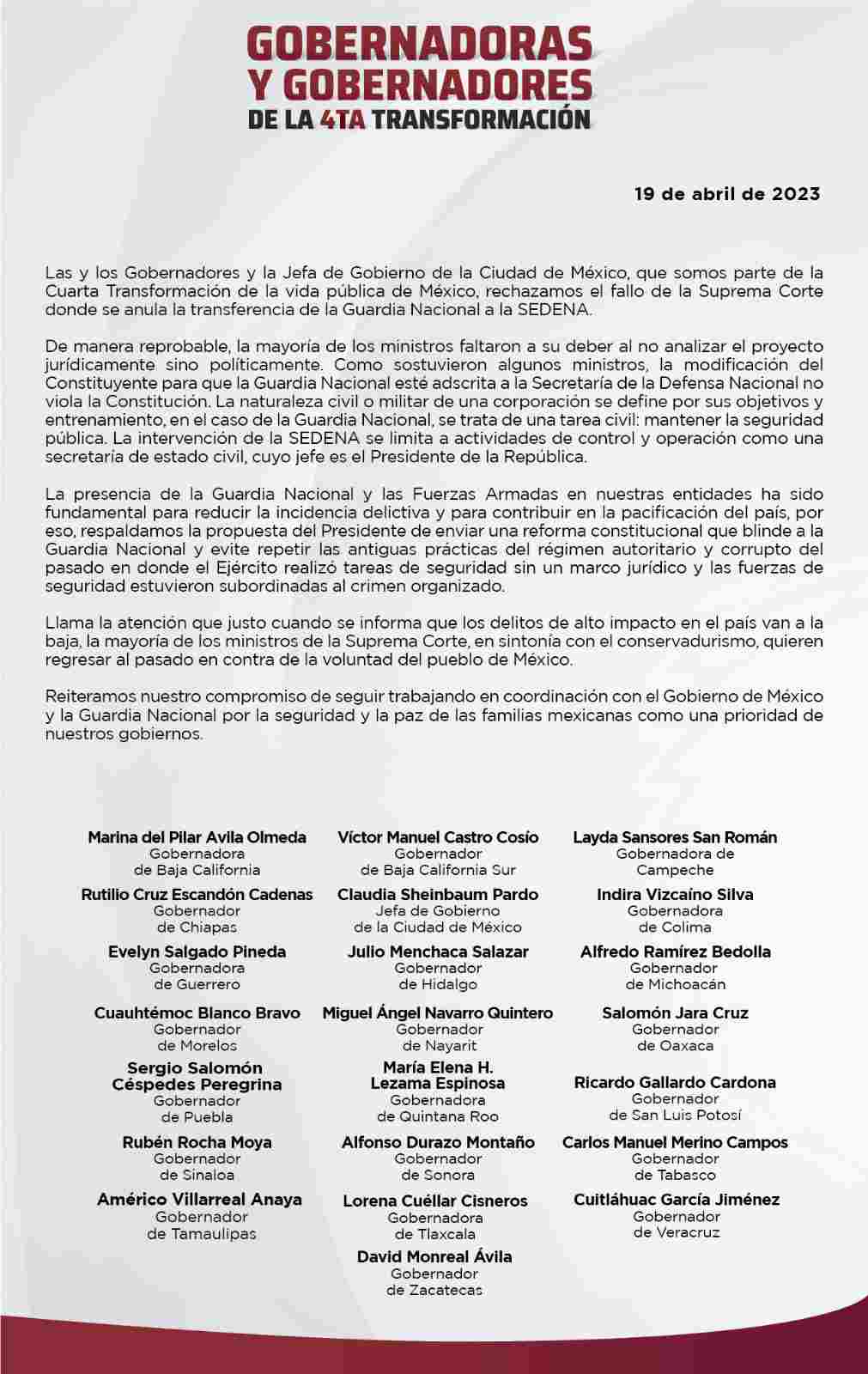 Gobernadores de Morena se lanzan contra Suprema Corte